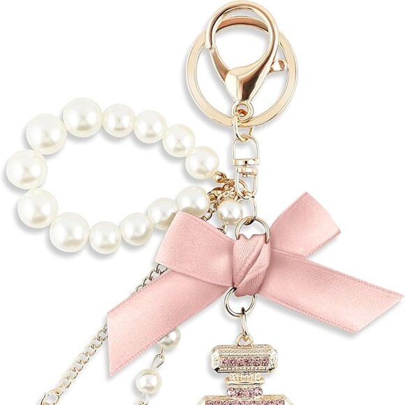 Paris Perfume Bottle Pearl Crystal Keychain Bag Charm - Picture 3 of 5